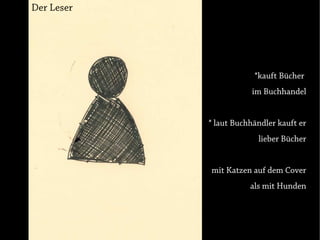 Der Leser




                        *kauft Bücher
                        im Buchhandel


            * laut Buchhändler kauft er
                         lieber Bücher


            mit Katzen auf dem Cover
                       als mit Hunden
 