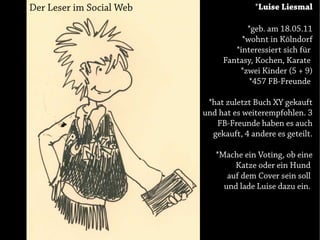 Der Leser im Social Web                 *Luise Liesmal

                                     *geb. am 18.05.11
                                    *wohnt in Kölndorf
                                  *interessiert sich für
                               Fantasy, Kochen, Karate
                                   *zwei Kinder (5 + 9)
                                      *457 FB-Freunde

                           *hat zuletzt Buch XY gekauft
                          und hat es weiterempfohlen. 3
                             FB-Freunde haben es auch
                            gekauft, 4 andere es geteilt.

                             *Mache ein Voting, ob eine
                                  Katze oder ein Hund
                                auf dem Cover sein soll
                               und lade Luise dazu ein.
 