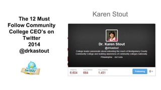 The 12 Must
Follow Community
College CEO’s on
Twitter
2014
@drkastout
Karen Stout
 