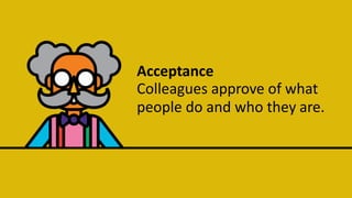 Acceptance
Colleagues approve of what
people do and who they are.
 