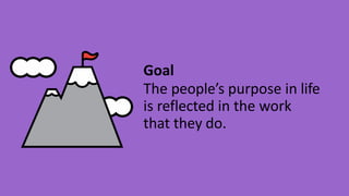 Goal
The people’s purpose in life
is reflected in the work
that they do.
 