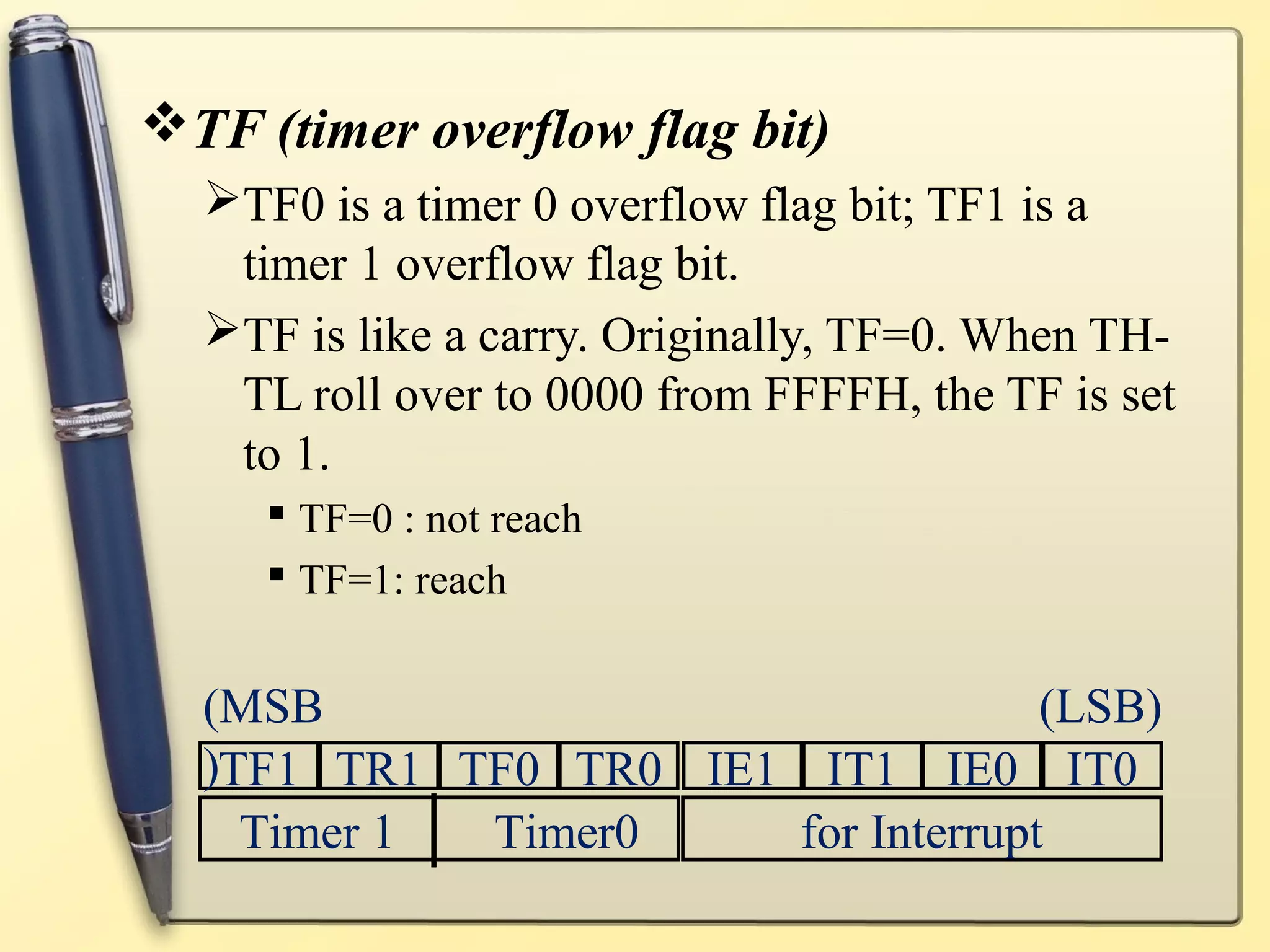 TF (timer overflow flag bit) 
TF0 is a timer 0 overflow flag bit; TF1 is a 
timer 1 overflow flag bit. 
TF is like a carry. Originally, TF=0. When TH-TL 
roll over to 0000 from FFFFH, the TF is set 
to 1. 
 TF=0 : not reach 
 TF=1: reach 
(MSB 
) 
(LSB) 
TF1 TR1 TF0 TR0 IE1 IT1 IE0 IT0 
Timer 1 Timer0 for Interrupt 
 