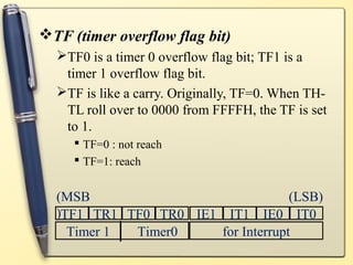 TF (timer overflow flag bit) 
TF0 is a timer 0 overflow flag bit; TF1 is a 
timer 1 overflow flag bit. 
TF is like a carry. Originally, TF=0. When TH-TL 
roll over to 0000 from FFFFH, the TF is set 
to 1. 
 TF=0 : not reach 
 TF=1: reach 
(MSB 
) 
(LSB) 
TF1 TR1 TF0 TR0 IE1 IT1 IE0 IT0 
Timer 1 Timer0 for Interrupt 
 