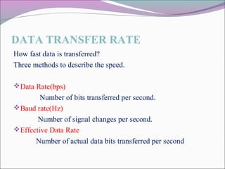 DATA TRANSFER RATE 
How fast data is transferred? 
Three methods to describe the speed. 
Data Rate(bps) 
Number of bits transferred per second. 
Baud rate(Hz) 
Number of signal changes per second. 
Effective Data Rate 
Number of actual data bits transferred per second 
 