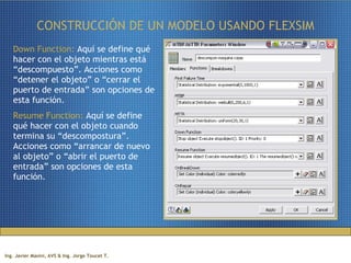 CONSTRUCCIÓN DE UN MODELO USANDO FLEXSIM Down Function:  Aquí se define qué hacer con el objeto mientras está “descompuesto”. Acciones como “detener el objeto” o “cerrar el puerto de entrada” son opciones de esta función.  Resume Function:  Aquí se define qué hacer con el objeto cuando termina su “descompostura”. Acciones como “arrancar de nuevo al objeto” o “abrir el puerto de entrada” son opciones de esta función. 