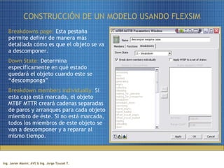 CONSTRUCCIÓN DE UN MODELO USANDO FLEXSIM Breakdowns page:  Esta pestaña permite definir de manera más detallada cómo es que el objeto se va a descomponer. Down State:  Determina específicamente en qué estado quedará el objeto cuando este se “descomponga” Breakdown members individually:  Si esta caja está marcada, el objeto MTBF MTTR creará cadenas separadas de paros y arranques para cada objeto miembro de éste. Si no está marcada, todos los miembros de este objeto se van a descomponer y a reparar al mismo tiempo. 