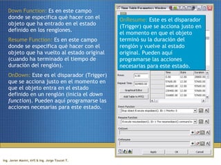 Down Function:  Es en este campo donde se especifica qué hacer con el objeto que ha entrado en el estado definido en los renglones.  Resume Function:  Es en este campo donde se especifica qué hacer con el objeto que ha vuelto al estado original (cuando ha terminado el tiempo de duración del renglón).  OnDown:  Este es el disparador (Trigger) que se acciona justo en el momento en que el objeto entra en el estado definido en un renglón (inicia el  down function ). Pueden aquí programarse las acciones necesarias para este estado. OnResume:  Este es el disparador (Trigger) que se acciona justo en el momento en que el objeto terminó su la duración del renglón y vuelve al estado original. Pueden aquí programarse las acciones necesarias para este estado. 