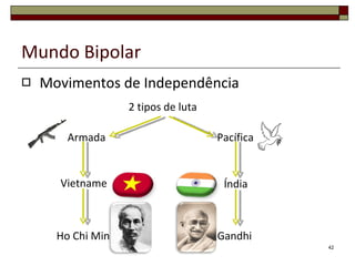 Mundo Bipolar Movimentos de Independência Factores que contribuíram para os movimentos anti-colonialistas: 1º Surgimento nas colónias de uma burguesia empreendedora e de minorias intelectuais educadas na Europa que tomam consciência da injustiça da dominação e lideram os movimentos independentistas; 2º Participação de militares das colónias na II Guerra Mundial; 3º Apoio da URSS e dos EUA às lutas de libertação. 