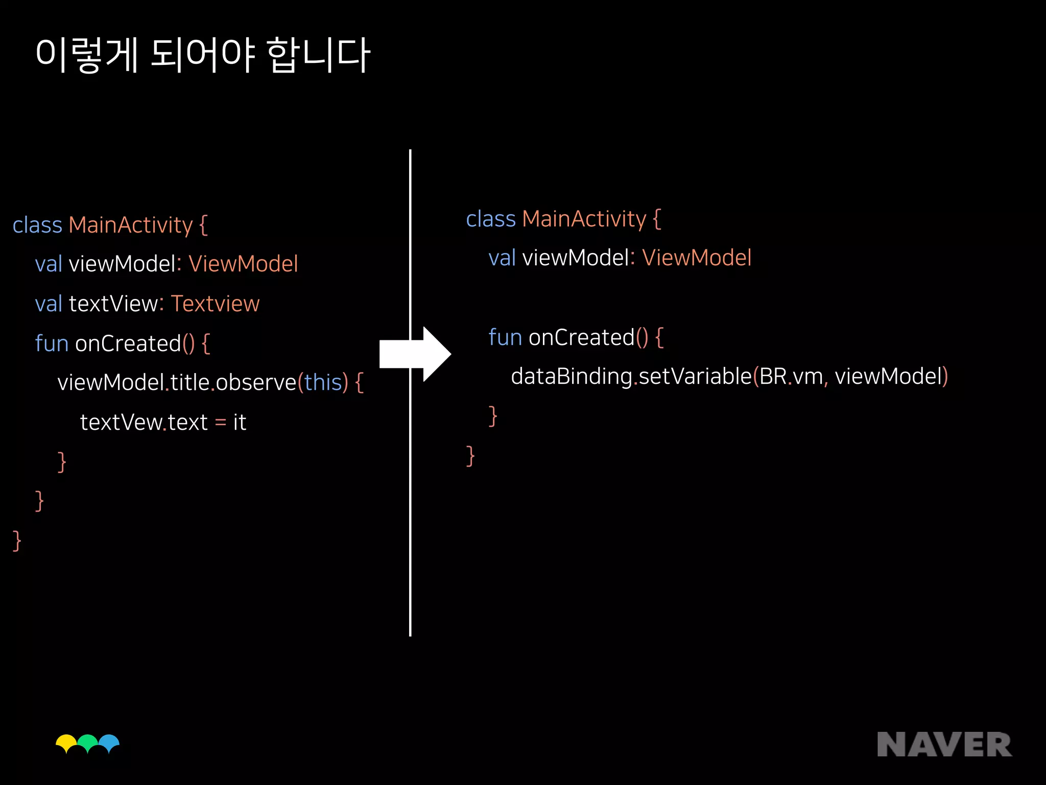 이렇게 되어야 합니다
class MainActivity { 
val viewModel: ViewModel 
val textView: Textview
fun onCreated() { 
viewModel.title.observe(this) { 
textVew.text = it 
} 
} 
}
class MainActivity { 
val viewModel: ViewModel 
fun onCreated() { 
dataBinding.setVariable(BR.vm, viewModel) 
} 
}
 
