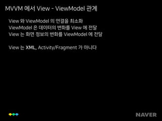 MVVM 에서 View - ViewModel 관계
View 와 ViewModel 의 연결을 최소화
ViewModel 은 데이터의 변화를 View 에 전달
View 는 화면 정보의 변화를 ViewModel 에 전달
View 는 XML, Activity/Fragment 가 아니다
 