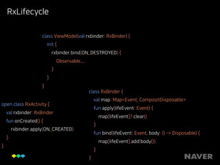 RxLifecycle
open class RxActivity { 
val rxbinder: RxBinder 
fun onCreated() { 
rxbinder.apply(ON_CREATED) 
} 
}
class ViewModel(val rxbinder: RxBinder) { 
init { 
rxbinder.bind(ON_DESTROYED) { 
Observable.... 
} 
} 
}
class RxBinder { 
val map: Map<Event, CompositDisposable> 
fun apply(lifeEvent: Event) { 
map[lifeEvent]?.clear() 
} 
fun bind(lifeEvent: Event, body: () -> Disposable) { 
map[lifeEvent].add(body()) 
} 
}
 