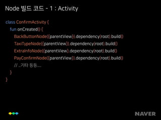 Node 빌드 코드 - 1 : Activity
class ConfirmActivity { 
fun onCreated() { 
BackButtonNode({parentView}).dependency(root).build() 
TaxiTypeNode({parentView}).dependency(root).build() 
ExtraInfoNode({parentView}.dependency(root).build() 
PayConfirmNode({parentView}).dependency(root).build() 
// ..기타 등등.... 
} 
}
 