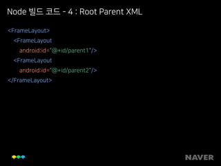 Node 빌드 코드 - 4 : Root Parent XML
<FrameLayout> 
<FrameLayout 
android:id="@+id/parent1"/> 
<FrameLayout 
android:id="@+id/parent2"/> 
</FrameLayout>
 