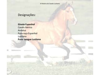 A História do Cavalo Lusitano




Designações:

Ginete Espanhol
Cavalo Ibérico
Andaluz
Pura-raça Espanhol
Lusitano
Puro- sangue Lusitano
 