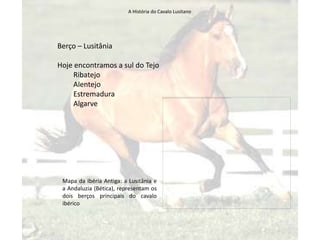 A História do Cavalo Lusitano




Berço – Lusitânia

Hoje encontramos a sul do Tejo
     Ribatejo
     Alentejo
     Estremadura
     Algarve




 Mapa da Ibéria Antiga: a Lusitânia e
 a Andaluzia (Bética), representam os
 dois berços principais do cavalo
 ibérico
 