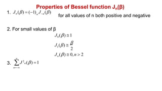 Properties of Bessel function Jn(β)
1. Jn ()  (1) J ()
n n
for all values of n both positive and negative
2. For small values of β
J0 () 1
3.
2
1
Jn ()  0,n  2
J () 


J 2
n () 1
n
 