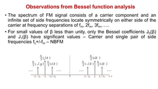Observations from Bessel function analysis
• The spectrum of FM signal consists of a carrier component and an
infinite set of side frequencies locate symmetrically on either side of the
carrier at frequency separations of fm, 2fm, 3fm,…..
• For small values of β less than unity, only the Bessel coefficients J0(β)
and J1(β) have significant values – Carrier and single pair of side
frequencies fc+/-fm – NBFM
fc  fm  fc  fm  fm fc  fm fc fc  fm  f
0
𝐴c
2
𝐽 β
0
𝐴c
2
𝐽 β
1
𝐴c
2
𝐽 β
–1
𝐴c
2
𝐽 β
0
𝐴c
2
𝐽 β
1
𝐴c
2 𝐽–1 β
 