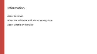 Information
About ourselves
About the individual with whom we negotiate
About what is on the table
 