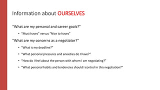 Information about OURSELVES
“What are my personal and career goals?”
• “Must haves” versus “Nice to haves”
“What are my concerns as a negotiator?”
• “What is my deadline?”
• “What personal pressures and anxieties do I have?”
• “How do I feel about the person with whom I am negotiating?”
• “What personal habits and tendencies should I control in this negotiation?”
 