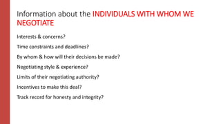 Information about the INDIVIDUALS WITH WHOM WE
NEGOTIATE
Interests & concerns?
Time constraints and deadlines?
By whom & how will their decisions be made?
Negotiating style & experience?
Limits of their negotiating authority?
Incentives to make this deal?
Track record for honesty and integrity?
 