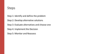 Steps
Step 1: Identify and define the problem
Step 2: Develop alternative solutions
Step 3: Evaluate alternatives and choose one
Step 4: Implement the Decision
Step 5: Monitor and Reassess
 