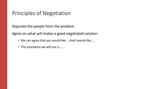 Principles of Negotiation
Separate the people from the problem
Agree on what will makes a good negotiated solution
• We can agree that you would like…. And I would like…..
• The procedure we will use is…….
 