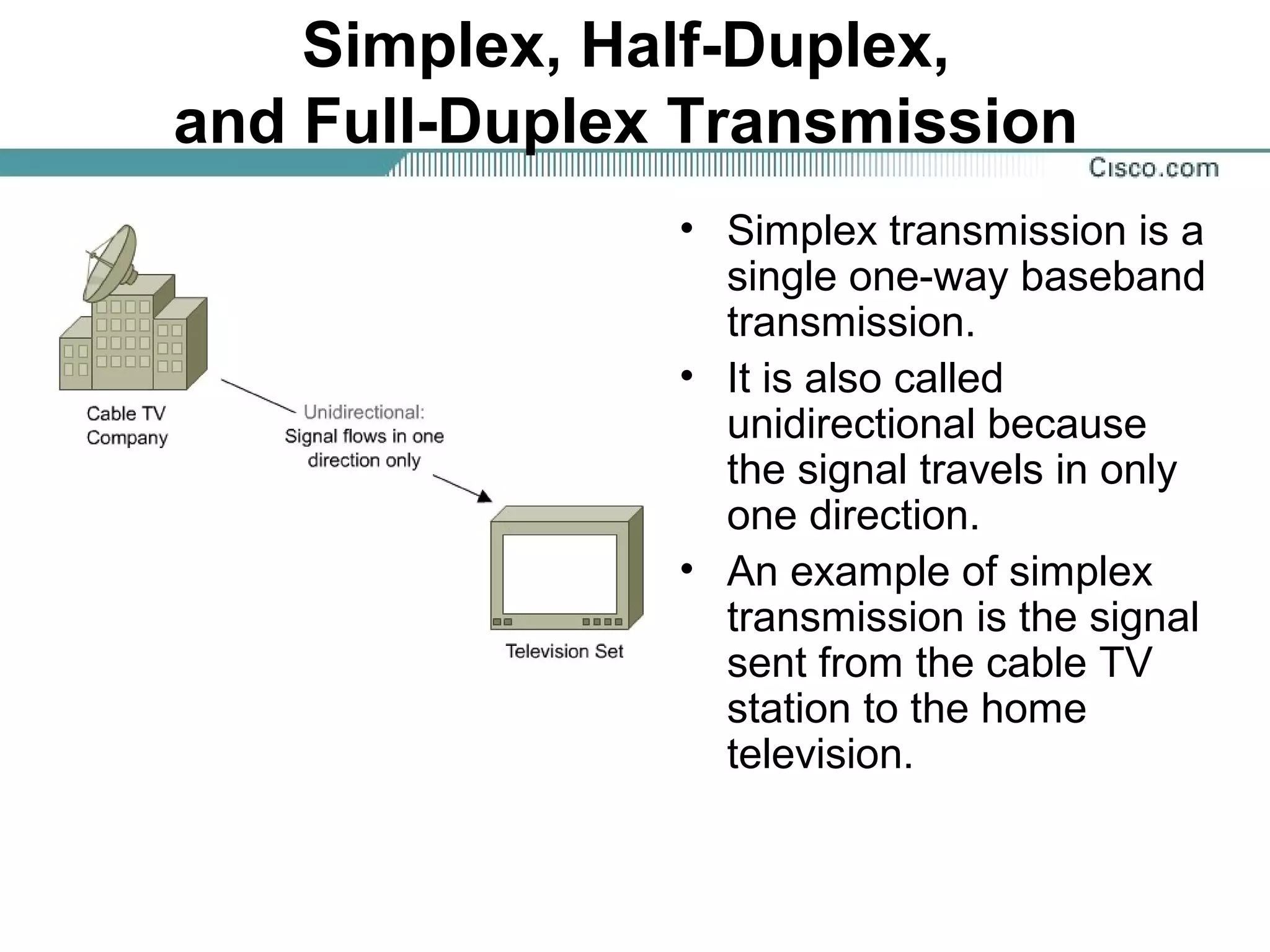 Simplex, Half-Duplex,
and Full-Duplex Transmission
• Simplex transmission is a
single one-way baseband
transmission.
• It is also called
unidirectional because
the signal travels in only
one direction.
• An example of simplex
transmission is the signal
sent from the cable TV
station to the home
television.
 