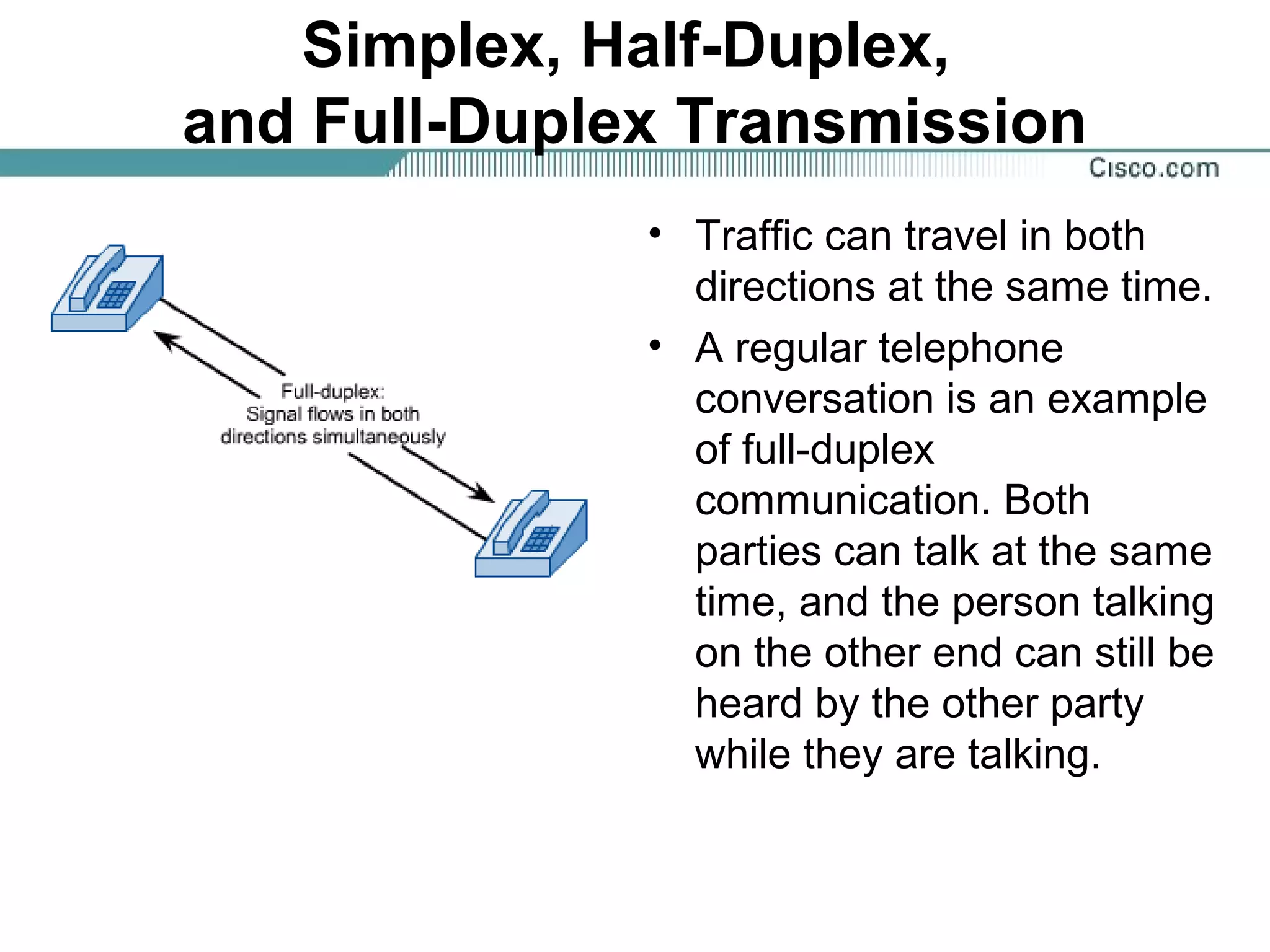 Simplex, Half-Duplex,
and Full-Duplex Transmission
• Traffic can travel in both
directions at the same time.
• A regular telephone
conversation is an example
of full-duplex
communication. Both
parties can talk at the same
time, and the person talking
on the other end can still be
heard by the other party
while they are talking.
 