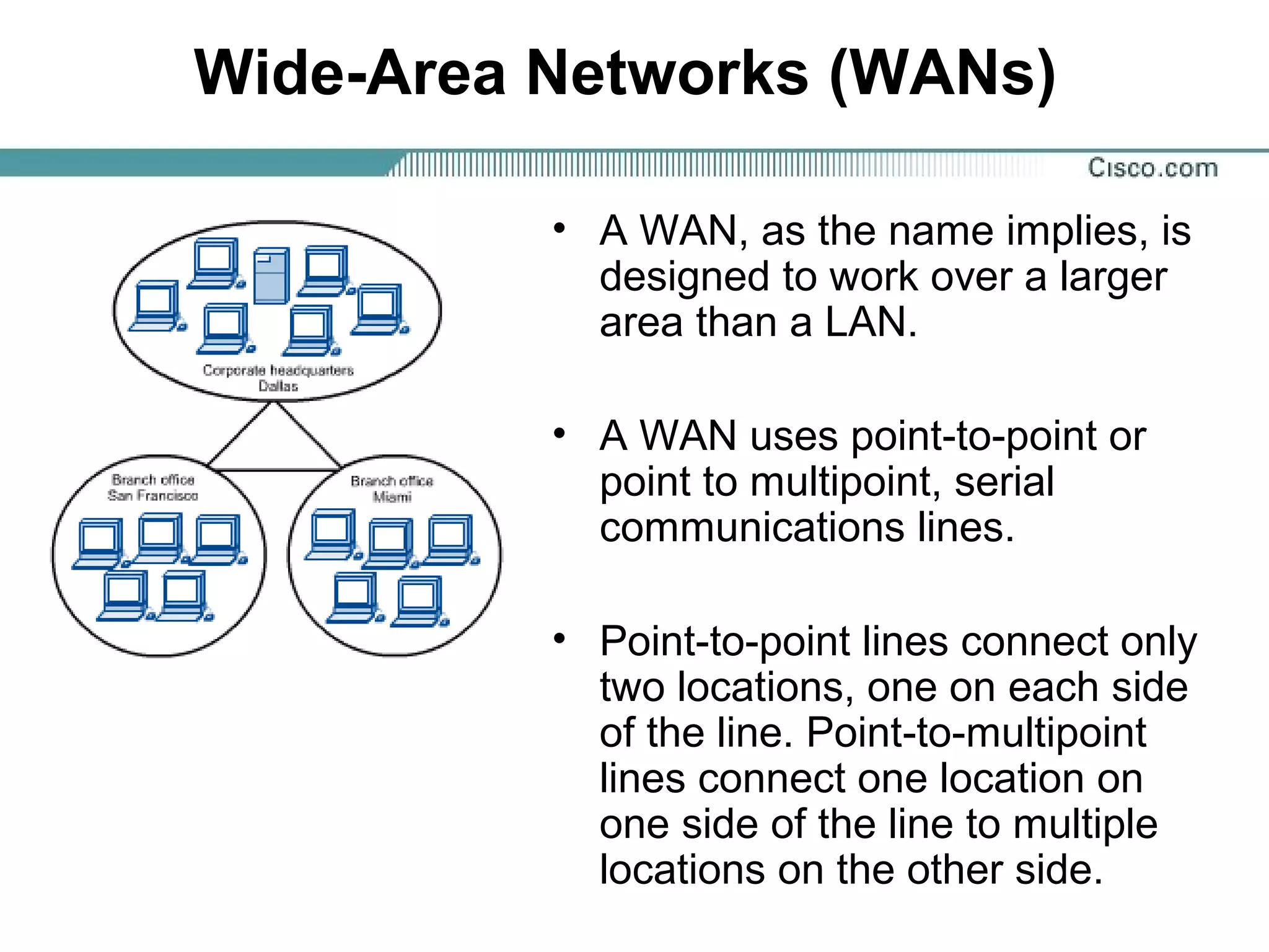 Wide-Area Networks (WANs)
• A WAN, as the name implies, is
designed to work over a larger
area than a LAN.
• A WAN uses point-to-point or
point to multipoint, serial
communications lines.
• Point-to-point lines connect only
two locations, one on each side
of the line. Point-to-multipoint
lines connect one location on
one side of the line to multiple
locations on the other side.
 