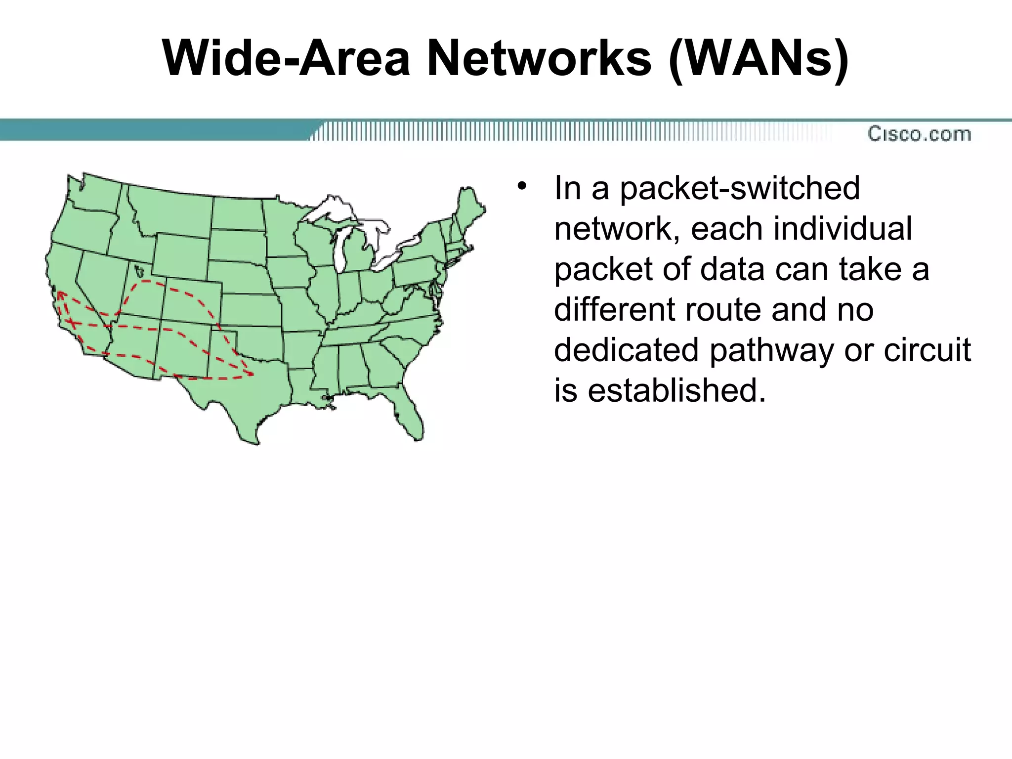 Wide-Area Networks (WANs)
• In a packet-switched
network, each individual
packet of data can take a
different route and no
dedicated pathway or circuit
is established.
 