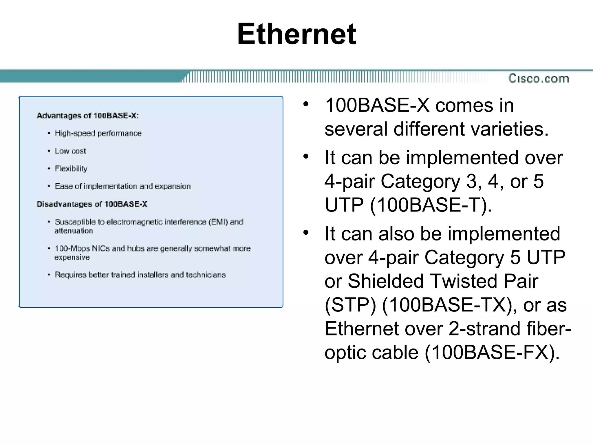 Ethernet
• 100BASE-X comes in
several different varieties.
• It can be implemented over
4-pair Category 3, 4, or 5
UTP (100BASE-T).
• It can also be implemented
over 4-pair Category 5 UTP
or Shielded Twisted Pair
(STP) (100BASE-TX), or as
Ethernet over 2-strand fiber-
optic cable (100BASE-FX).
 
