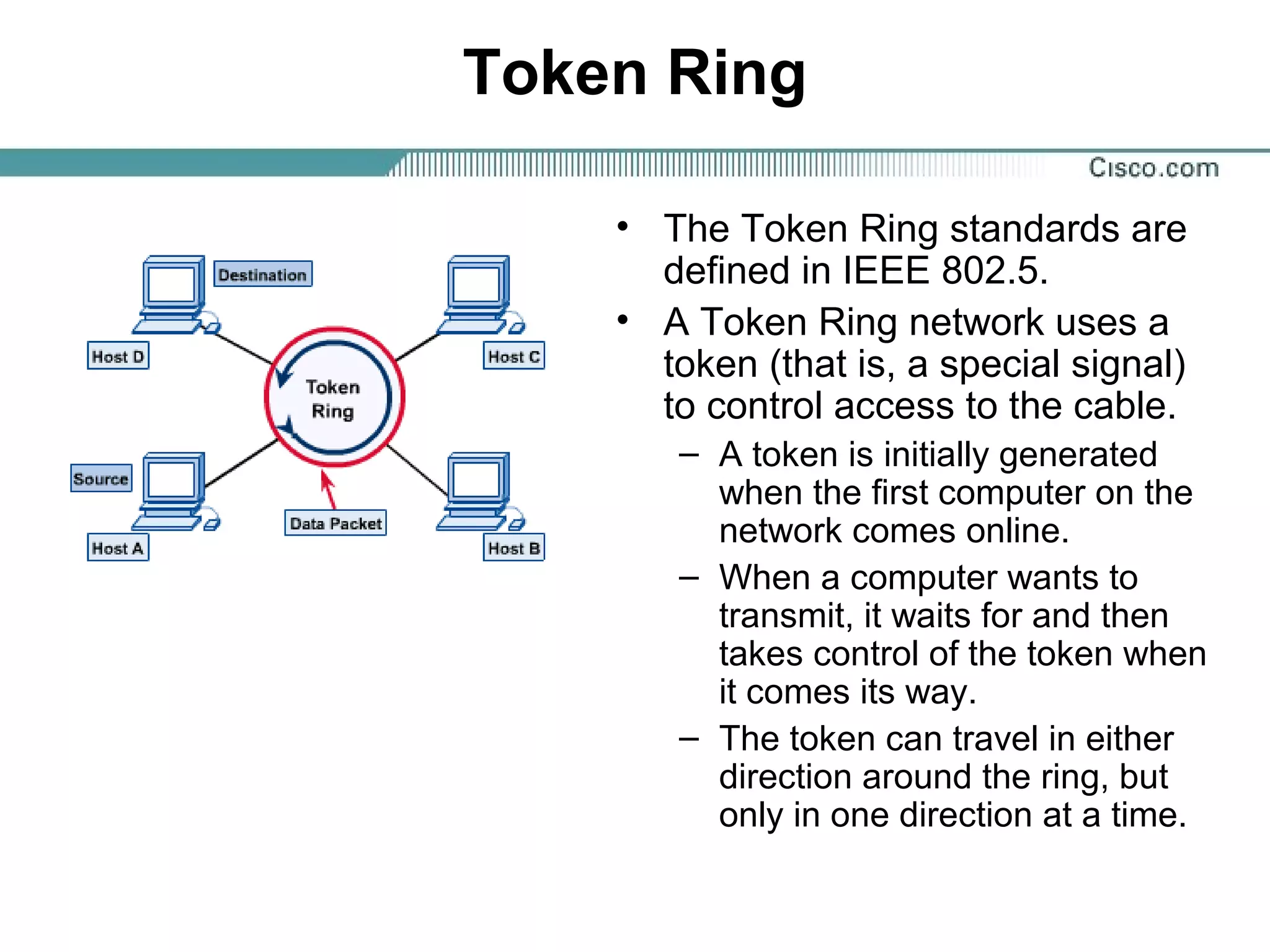 Token Ring
• The Token Ring standards are
defined in IEEE 802.5.
• A Token Ring network uses a
token (that is, a special signal)
to control access to the cable.
– A token is initially generated
when the first computer on the
network comes online.
– When a computer wants to
transmit, it waits for and then
takes control of the token when
it comes its way.
– The token can travel in either
direction around the ring, but
only in one direction at a time.
 