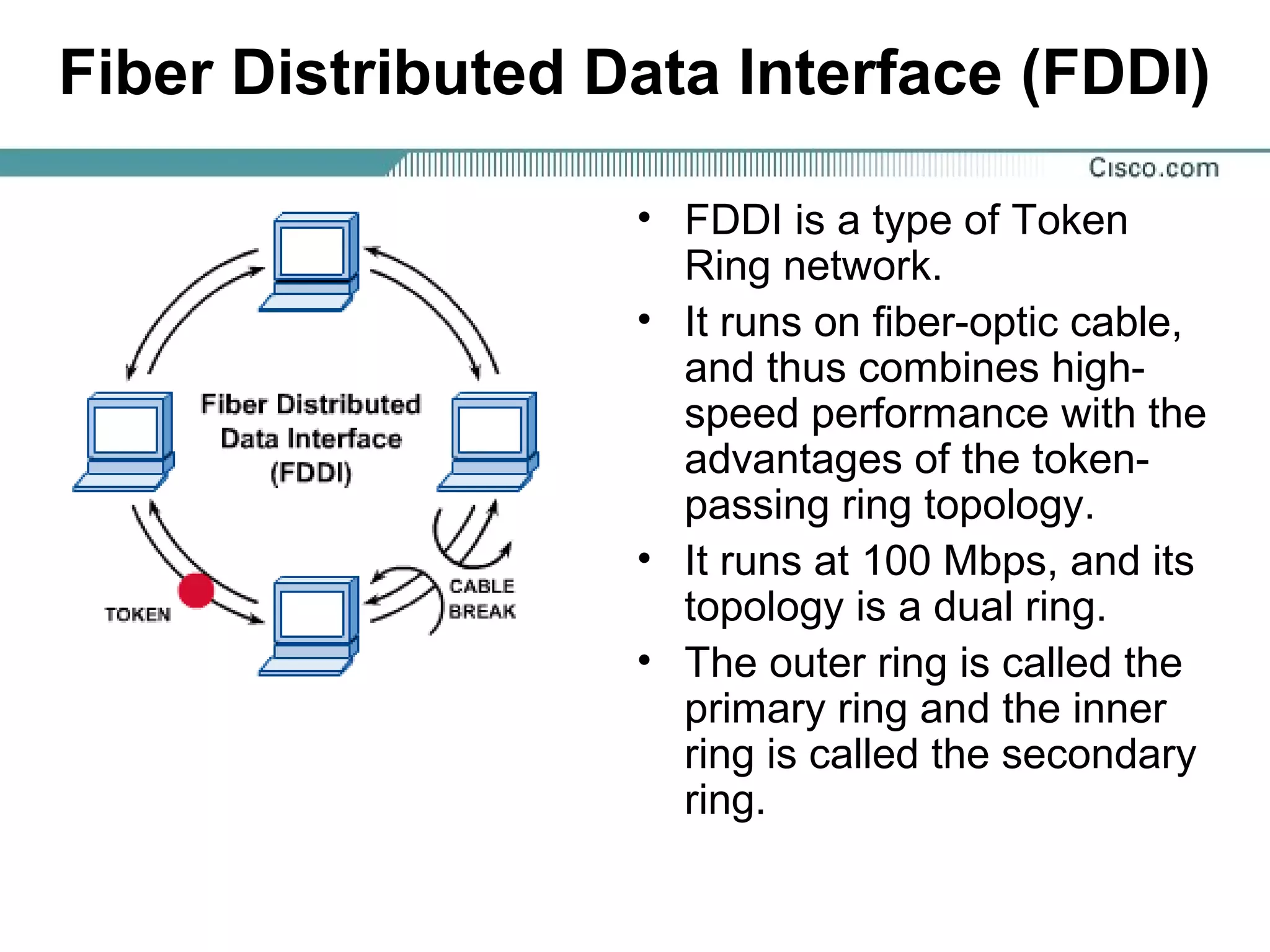 Fiber Distributed Data Interface (FDDI)
• FDDI is a type of Token
Ring network.
• It runs on fiber-optic cable,
and thus combines high-
speed performance with the
advantages of the token-
passing ring topology.
• It runs at 100 Mbps, and its
topology is a dual ring.
• The outer ring is called the
primary ring and the inner
ring is called the secondary
ring.
 