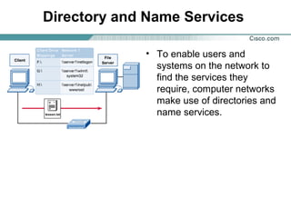 Directory and Name Services
• To enable users and
systems on the network to
find the services they
require, computer networks
make use of directories and
name services.
 