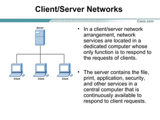 Client/Server Networks
• In a client/server network
arrangement, network
services are located in a
dedicated computer whose
only function is to respond to
the requests of clients.
• The server contains the file,
print, application, security,
and other services in a
central computer that is
continuously available to
respond to client requests.
 
