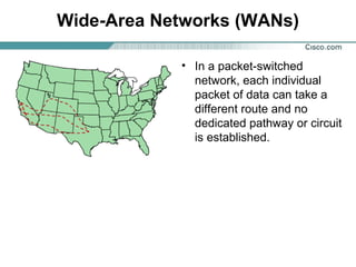 Wide-Area Networks (WANs)
• In a packet-switched
network, each individual
packet of data can take a
different route and no
dedicated pathway or circuit
is established.
 