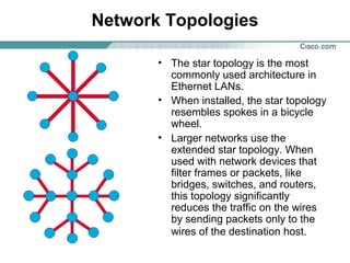 Network Topologies
• The star topology is the most
commonly used architecture in
Ethernet LANs.
• When installed, the star topology
resembles spokes in a bicycle
wheel.
• Larger networks use the
extended star topology. When
used with network devices that
filter frames or packets, like
bridges, switches, and routers,
this topology significantly
reduces the traffic on the wires
by sending packets only to the
wires of the destination host.
 