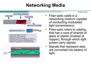 Networking Media
• Fiber-optic cable is a
networking medium capable
of conducting modulated
light transmissions.
• Fiber-optic refers to cabling
that has a core of strands of
glass or plastic (instead of
copper), through which light
pulses carry signals.
• Signals that represent data
are converted into beams of
light.
 