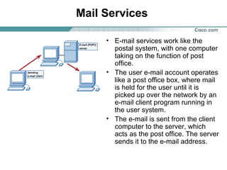 Mail Services
• E-mail services work like the
postal system, with one computer
taking on the function of post
office.
• The user e-mail account operates
like a post office box, where mail
is held for the user until it is
picked up over the network by an
e-mail client program running in
the user system.
• The e-mail is sent from the client
computer to the server, which
acts as the post office. The server
sends it to the e-mail address.
 