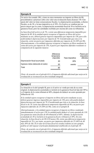NIC 12
© IASCF 1079
Ejemplo B
Un activo ha costado 100, y tiene en estos momentos un importe en libros de 80,
procediéndose a practicar sobre este valor una revaluación hasta alcanzar 150. Este
ajuste del valor no tiene consecuencias fiscales. La depreciación acumulada, a efectos
fiscales, es de 30, y la tasa impositiva es el 30%. Si el activo se vendiese por un
precio mayor que su costo, la depreciación acumulada fiscal de 30 se incluiría en la
ganancia fiscal, pero las cantidades recibidas por encima del costo no tributarían.
La base fiscal del activo es de 70, y existe una diferencia temporaria imponible por
importe de 80. Si la entidad espera recuperar el importe en libros del activo
mediante su uso, deberá generar ingresos imponibles por importe de 150, pero sólo
podrá deducir depreciaciones por importe de 70. Considerando que esta es la
situación, existe un pasivo por impuestos diferidos por importe de 24 (30% de 80).
Alternativamente, si la entidad esperase recuperar el importe en libros mediante la
venta del activo por importe de 150, el pasivo por impuestos diferidos resultante se
computaría de la siguiente manera:
Diferencia
temporaria
imponible Tasa impositiva
Pasivo por
impuestos
diferidos
Depreciación fiscal acumulada 30 30% 9
Ingresos netos (deducido el costo) 50 exento –
Total 80 9
(Nota: de acuerdo con el párrafo 61A, el impuesto diferido adicional que surja en la
revaluación se reconocerá en otro resultado integral)
Ejemplo C
La situación es la del ejemplo B, pero si el activo se vende por más de su costo
original, la depreciación acumulada se incluirá en la ganancia fiscal (al tipo del 30%),
y el importe de la venta tributará al 40%, después de deducir un costo ajustado por
inflación de 110.
Si la entidad espera recuperar el importe en libros del activo mediante su uso,
deberá generar ingresos imponibles por importe de 150, pero sólo podrá deducir
depreciaciones por importe de 70. Considerando que ésta es la situación, la base
fiscal es de 70, existe una diferencia temporaria imponible de 80 y un pasivo por
impuestos diferidos de 24 (30% de 80), como en el ejemplo B.
Alternativamente, si la entidad espera recuperar el importe en libros vendiendo
inmediatamente el activo por 150, la entidad podrá deducir el costo ajustado de 110.
Las ganancias netas fiscales de 40 tributarán al 40%. Además, la depreciación
acumulada de 30 se incluirá en la ganancia fiscal y tributará al 30%. En esta
situación, la base fiscal es de 80 (110 menos 30), existe una diferencia temporaria
imponible de 70 y, por tanto, un pasivo por impuestos diferidos de 25 (40% de 40
más 30% de 30). Si el valor de la base fiscal no resulta evidente en este ejemplo,
podría ser útil repasar el principio fundamental establecido en el párrafo 10.
(Nota: de acuerdo con el párrafo 61A, el impuesto diferido adicional que surja en la
revaluación se reconocerá en otro resultado integral)
 