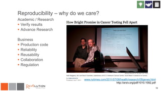 Reproducibility – why do we care?
Academic / Research
 Verify results
 Advance Research
Business
 Production code
 Reliability
 Reusability
 Collaboration
 Regulation
10
www.nytimes.com/2011/07/08/health/research/08genes.html
http://arxiv.org/pdf/1010.1092.pdf
 