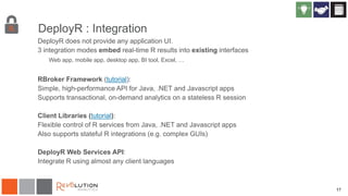 17
DeployR : Integration
DeployR does not provide any application UI.
3 integration modes embed real-time R results into existing interfaces
Web app, mobile app, desktop app, BI tool, Excel, …
RBroker Framework (tutorial):
Simple, high-performance API for Java, .NET and Javascript apps
Supports transactional, on-demand analytics on a stateless R session
Client Libraries (tutorial):
Flexible control of R services from Java, .NET and Javascript apps
Also supports stateful R integrations (e.g. complex GUIs)
DeployR Web Services API:
Integrate R using almost any client languages
 