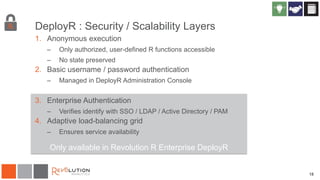 Only available in Revolution R Enterprise DeployR
18
DeployR : Security / Scalability Layers
1. Anonymous execution
– Only authorized, user-defined R functions accessible
– No state preserved
2. Basic username / password authentication
– Managed in DeployR Administration Console
3. Enterprise Authentication
– Verifies identify with SSO / LDAP / Active Directory / PAM
4. Adaptive load-balancing grid
– Ensures service availability
 