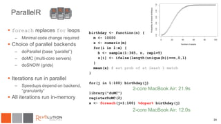 ParallelR
 foreach replaces for loops
– Minimal code change required
 Choice of parallel backends
– doParallel (base “parallel”)
– doMC (multi-core servers)
– doSNOW (grids)
 Iterations run in parallel
– Speedups depend on backend,
“granularity”
 All iterations run in-memory
24
birthday <- function(n) {
m <- 10000
x <- numeric(m)
for(i in 1:m) {
b <- sample(1:365, n, repl=T)
x[i] <- ifelse(length(unique(b))==n,0,1)
}
mean(x) # est prob of at least 1 match
}
for(j in 1:100) birthday(j)
library("doMC")
registerDoMC(2)
x <- foreach(j=1:100) %dopar% birthday(j)
2-core MacBook Air: 21.9s
2-core MacBook Air: 12.0s
 