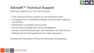 27
AdviseR™ Technical Support
Technical support for R, from the R experts.
 10x5 email and phone support (in your local time zone)
 Full support for R, validated packages, and third-party software
connections
 Notifications of updates and bug fixes
 On-line case management and knowledgebase
 Access to technical resources, documentation and user forums
 Defined service-level agreements for rapid responses
Included with Revolution R Plus and Revolution R Enterprise.
 
