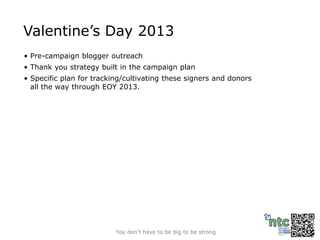 Valentine’s Day 2013
• Pre-campaign blogger outreach
• Thank you strategy built in the campaign plan
• Specific plan for tracking/cultivating these signers and donors
  all the way through EOY 2013.




                          You don’t have to be big to be strong     Slide 26
 
