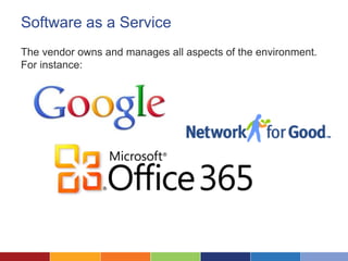 Software as a Service
The vendor owns and manages all aspects of the environment.
For instance:
 