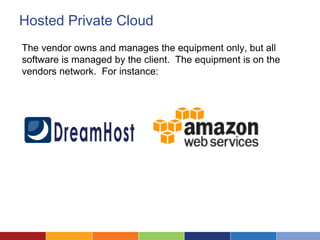 Hosted Private Cloud
The vendor owns and manages the equipment only, but all
software is managed by the client. The equipment is on the
vendors network. For instance:
 
