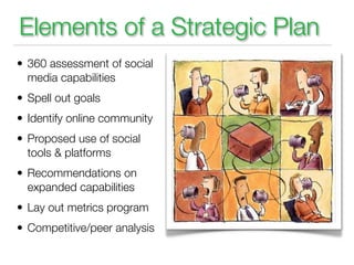 Elements of a Strategic Plan
• 360 assessment of social
  media capabilities
• Spell out goals
• Identify online community
• Proposed use of social
  tools & platforms
• Recommendations on
  expanded capabilities
• Lay out metrics program
• Competitive/peer analysis
 