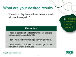 What are your desired results
 • “I want to play tennis three times a week
   without knee pain.”
                                                        Tip: Think big!
                                                        Dr. can’t help
                                                          if you don’t
                                                            ask for it.
                      Examples:
  • I need a collaboration tool for 20 users that are
    both on premise and remote.

  • I don’t want to buy / manage servers anymore.

  • I want users to be able to boot and login to the
    network in under 5 minutes.


                                    15
 